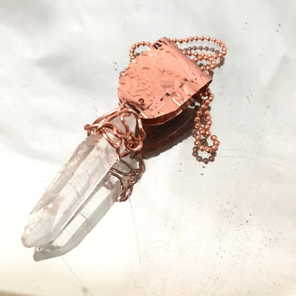 Lemurian Quartz Crystal Copper Choker Pendant Handmade Rustic Wire Wrapped - Picture 10 of 16
